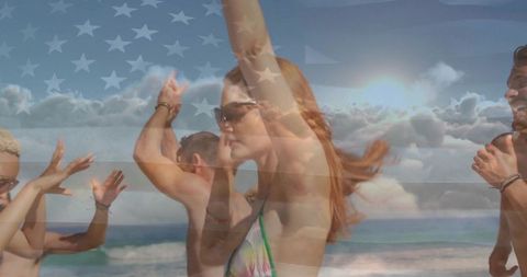 Joyful Beach Celebration with Friends Against Ocean Backdrop