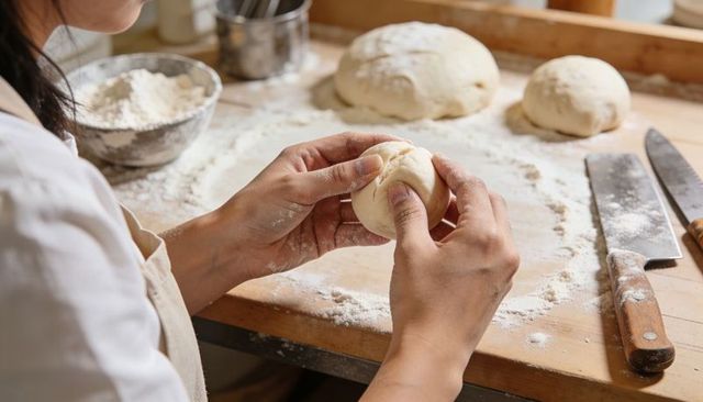 Female baker shaping dough ball on flour-dusted workbench in rustic artisanal bakery