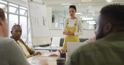Creative Team Collaboration in Office Meeting with Flip Chart Guide