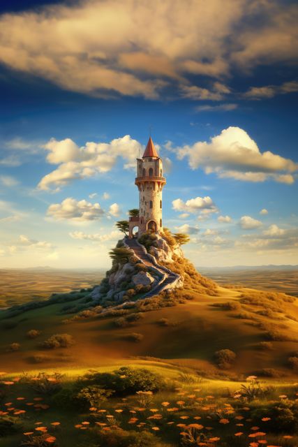 Tower and meadow over blue sky with clouds, created using generative ai technology. Fantasy, fairy tale and landscape concept digitally generated image.