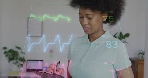 Clinician reviewing holographic vital signs dashboard holding clipboard in telemedicine