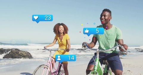 Friends Enjoy Sunny Beach Ride with Social Media Icons