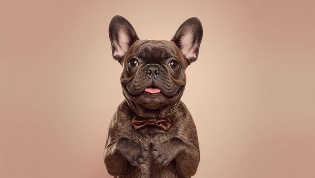 Brindle french bulldog wearing bow tie and gold chain sitting with raised paws on beige