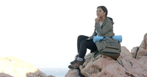 Woman Enjoying Mountain View With Backpack and Yoga Mat - Download Free Stock Images Pikwizard.com