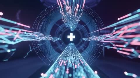 Digital Convergence in Neon-Cyberspace Tunnel with Futuristic Design