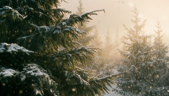 Sunrise Illumination on Snow-Laden Pine Branches