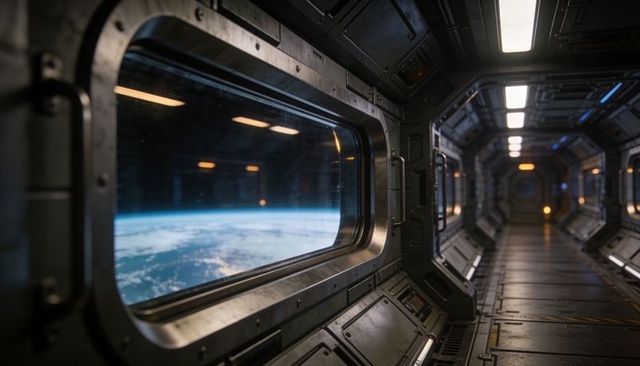 Futuristic orbital station corridor framing earth limb through bolted viewport window