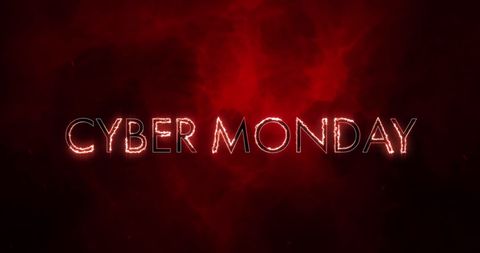 Vivid electric-themed 'Cyber Monday' text pops against a dark red background, illustrating digital marketing and online shopping events. An eye-catching visual perfect for promotions, advertisement banners, or social media posts promoting holiday sales, tech discounts, and festive shopping activities.