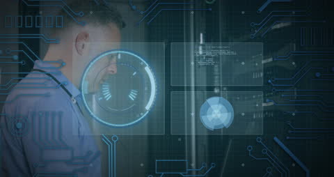 IT Technician Analyzing Data with Digital Interface Overlay