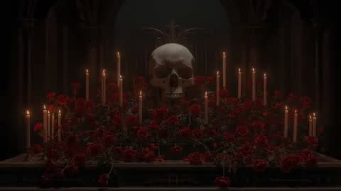 Gothic Altar with Skull and Candlelit Red Roses in Chapel