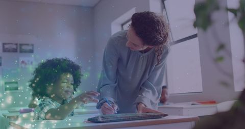 Inspiring Female Teacher Assisting Student in Classroom