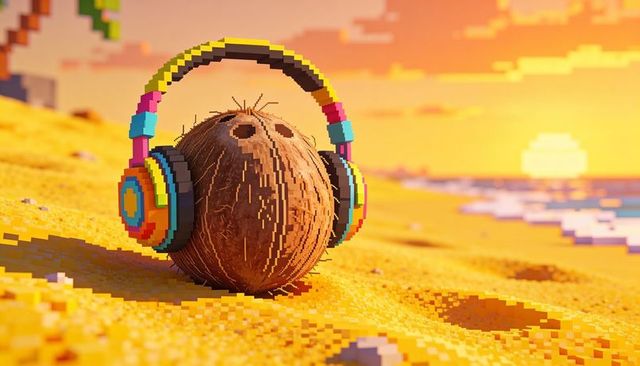 Coconut wearing colorful voxel headphones on pixel beach at sunset, low-poly tropical vibe