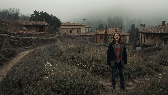 Solitary woman standing on foggy village path with red tile roofs