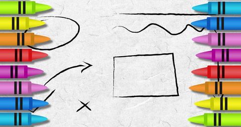 Colorful crayons border with abstract drawing on paper