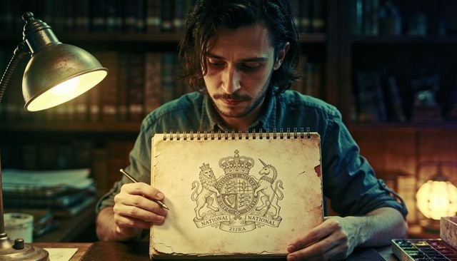 Artist showing antique heraldic crest sketch on spiral sketchbook at vintage study desk