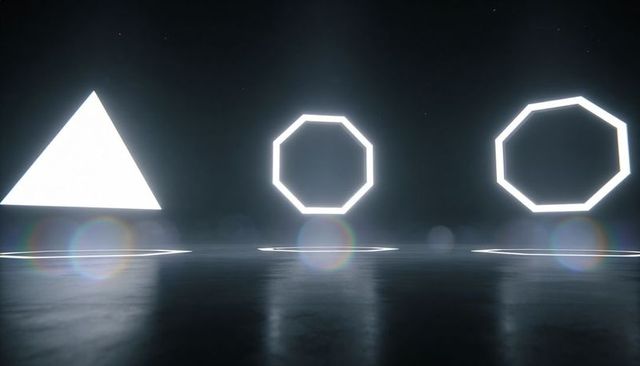 Glowing geometric shapes hovering over reflective floor with cinematic haze and halos
