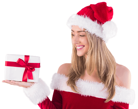 Smiling Woman in Santa Costume Holding Gift with Transparent Background