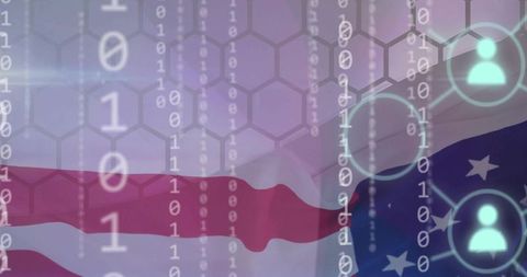 American flag waving overlaid with binary code and network icons conveying cybersecurity
