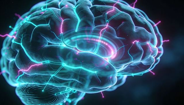 Neon Brain Network Model Showing Glowing Neural Pathways, Concentric Rings and Cortex