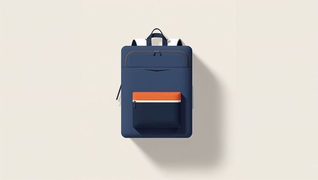Modern navy blue backpack with orange accent on cream backdrop