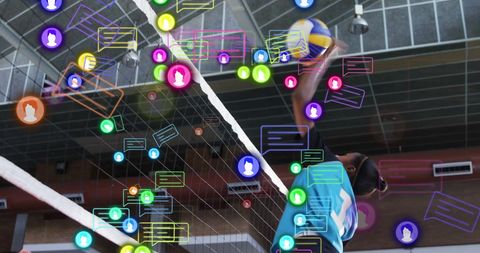 Volleyball players amid dynamic social media interaction icons
