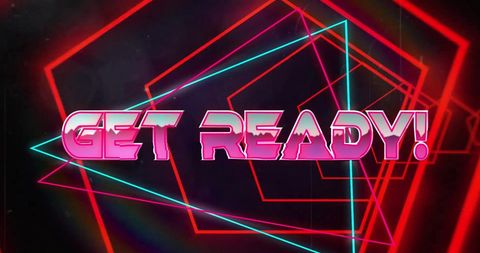 Retro Neon Get Ready Text with Vibrant Geometric Patterns