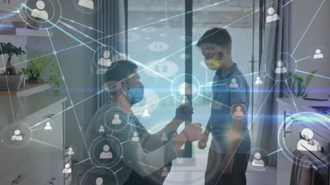Father and Son Wearing Masks with Digital Network Overlay