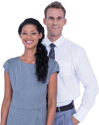 Diverse professional team smiling confidently while standing together in office attire, creating an image of harmony and teamwork. Use in company brochures, business presentations, or marketing materials to emphasize diversity and collaborative spirit.