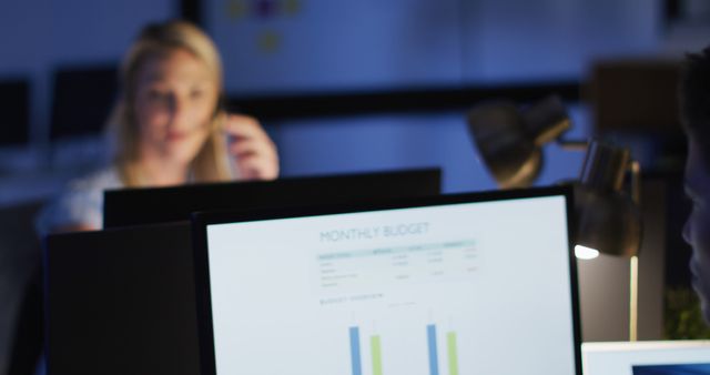 Businesswoman Working Late at Office with Monthly Budget Report on Screen - Download Free Stock Images Pikwizard.com