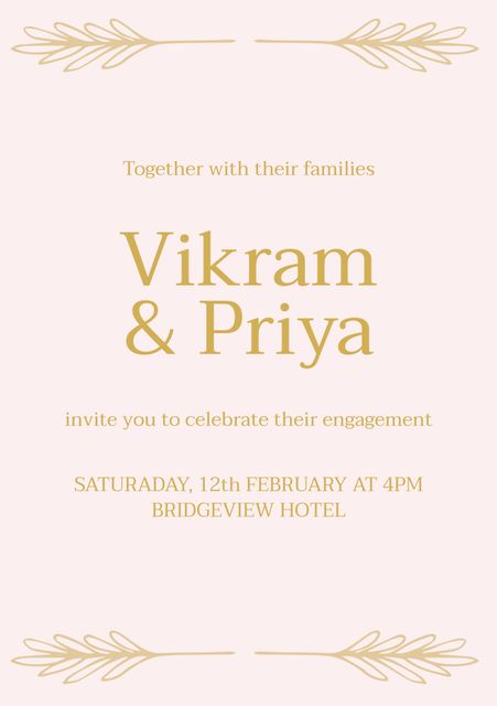 Elegant engagement invitation featuring gold text on a soft pink background with delicate floral accents. Perfect for inviting guests to a formal engagement celebration, wedding event, or party. Suitable for use as a physical invitation card or digital e-invite.