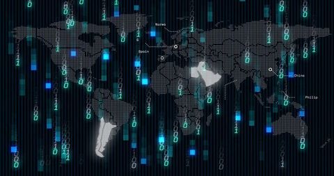 Digital world map with binary code and middle east emphasis