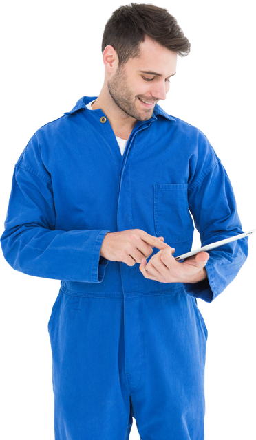 Happy Young Mechanic Using Transparent Digital Tablet - Download Free Stock Videos Pikwizard.com