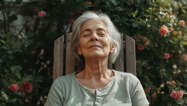 Senior woman relaxing in wooden garden chair among blooming roses, eyes closed, sunlight