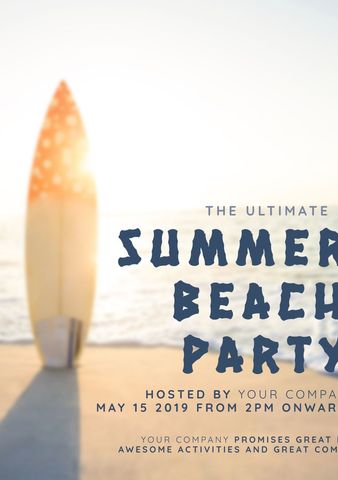Surfboard on beach inviting vibrant summer beach party