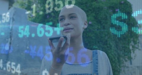 Young woman speaking into smartphone with finance data overlay and fintech ar graphics