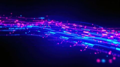 Futuristic neon data stream in digital cyberspace