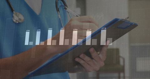 Clinician recording patient data on clipboard with healthcare analytics overlay bar chart