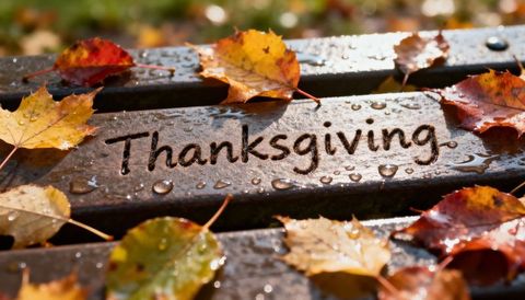 Thanksgiving Traced on Wet Bench Slat with Autumn Leaves and Raindrops
