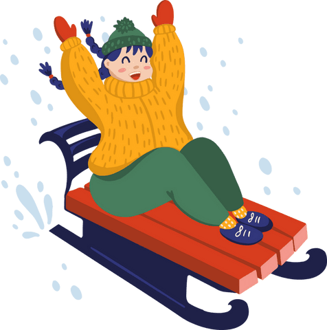 Joyful cartoon child sledding on red and navy sled transparent