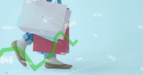 Woman Carrying Shopping Bags with Financial Data Overlay