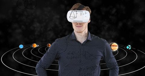 Businessman Exploring Virtual Reality and Astronomy Concepts