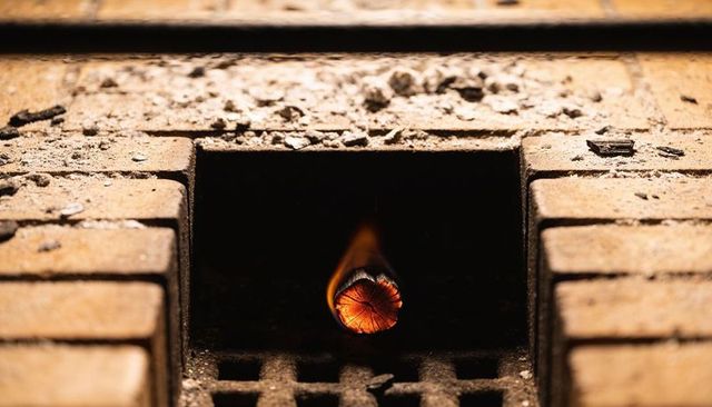 Glowing log end sending orange embers and flame through rustic masonry hearth firebox