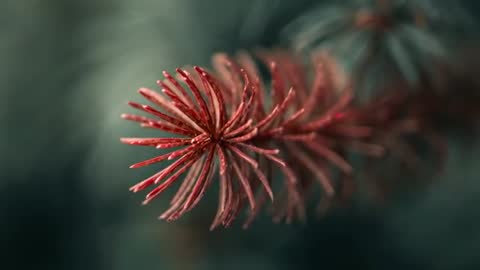 Macro video focusing on red fir needle tip revealing dew droplets with creamy bokeh