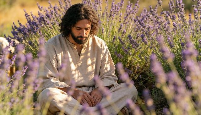 Meditating man in linen robe sitting among lavender at golden hour for wellness and solitude