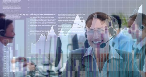 Smiling Call Center Worker with Financial Data Overlay - Download Free Stock Images Pikwizard.com