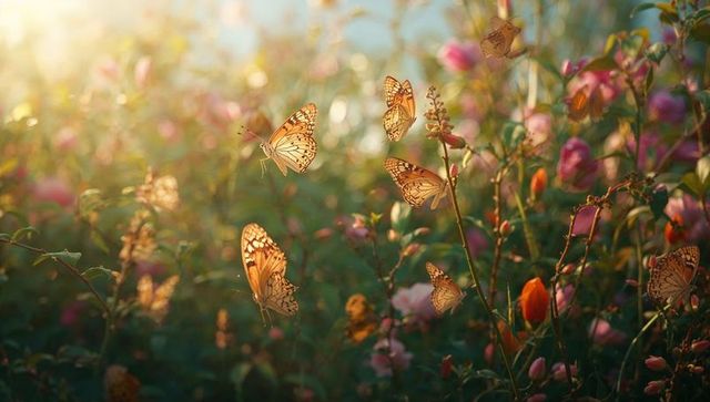 Orange butterflies fluttering over sunlit pink wildflowers, backlit meadow serenity