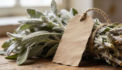 Tied sage bundle with kraft tag resting on rustic wood table by window