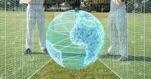 Collaborating men displaying holographic globe with augmented reality interface on grass