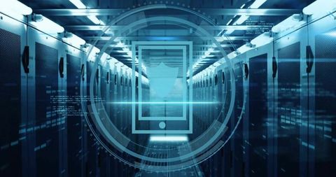 Projecting holographic mobile security shield over data center aisle with futuristic cyber defense h