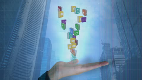 Floating Digital Icons Above Cityscape Representing Modern Connectivity